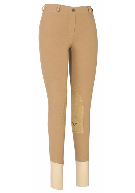 Women's tan lowrise pull-on knee patch breeches with front seam and snap waistband