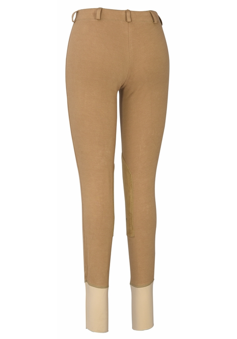 Women's tan knee patch pull-on breeches with clean front and stitched leg seams