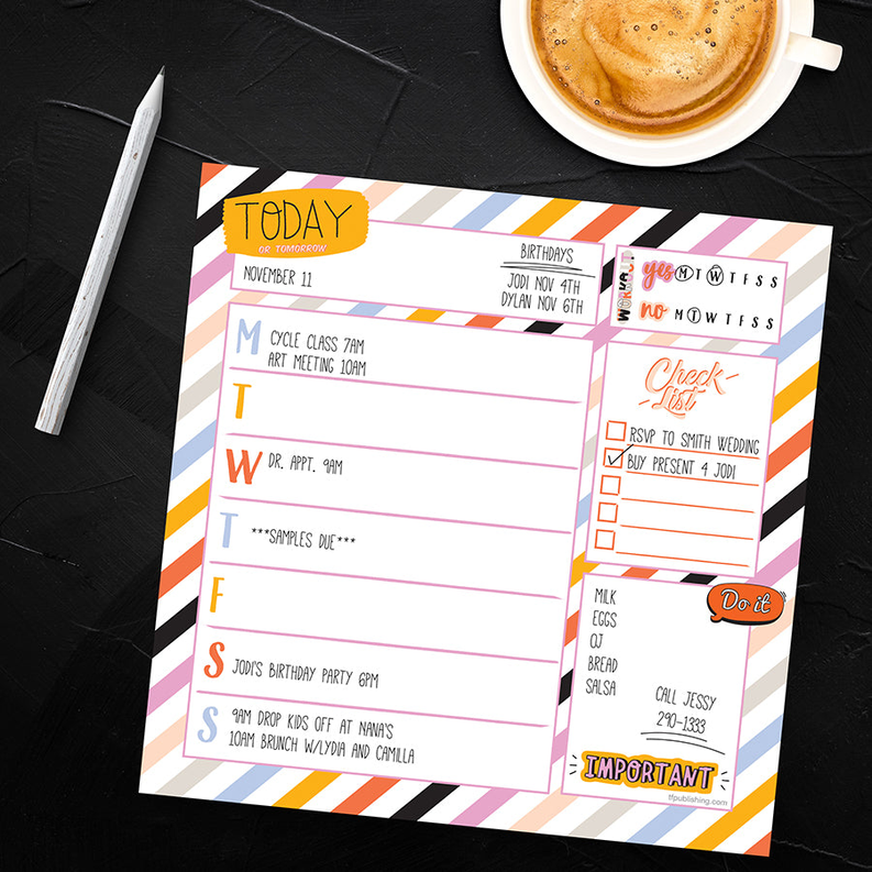 Square weekly schedule pad with "TODAY" section, birthdays list, and "IMPORTANT" checklist