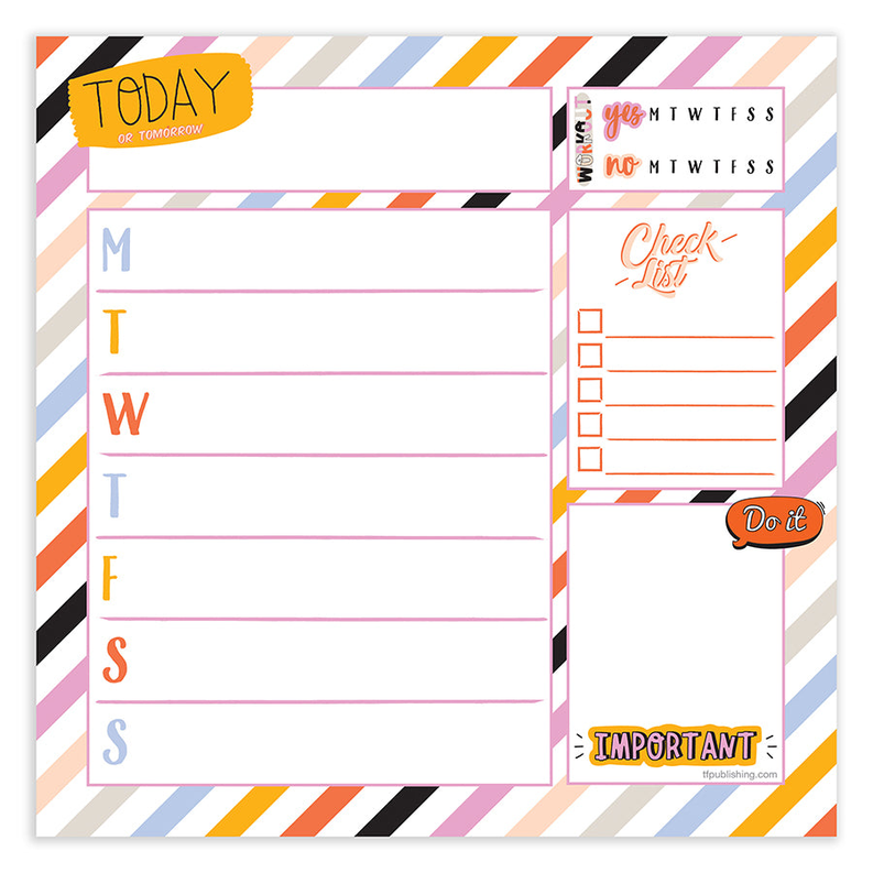 Square weekly schedule pad front with blank days column and orange checklist panel