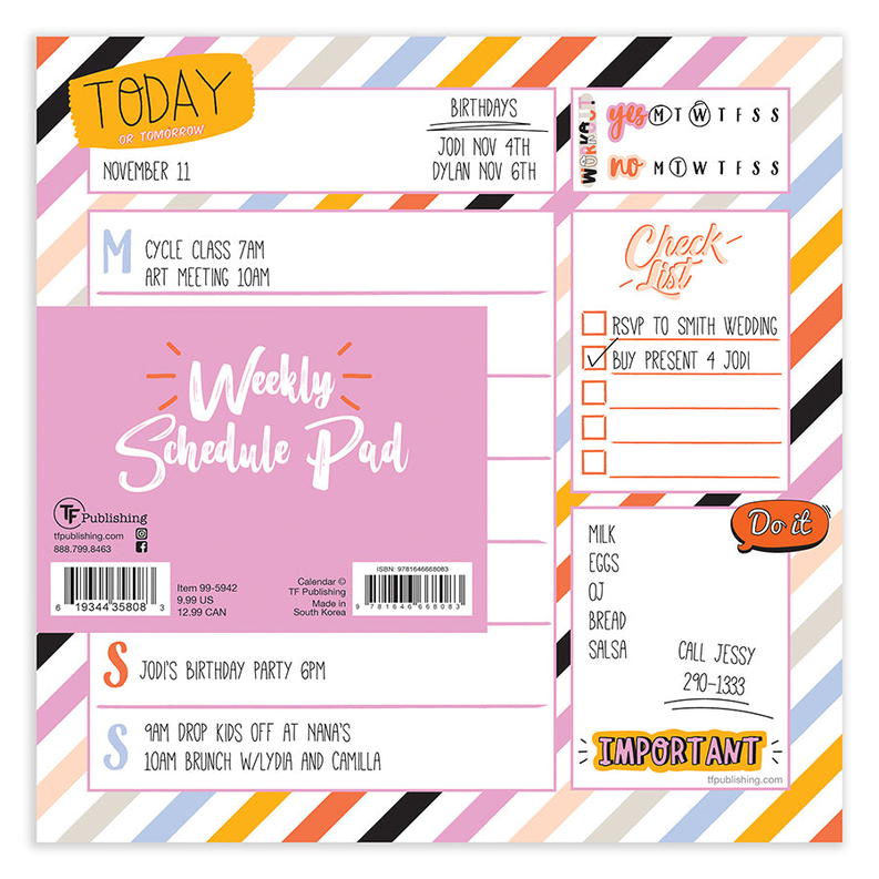 Square weekly schedule pad showing "Weekly Schedule Pad," birthdays, and "IMPORTANT" checklist