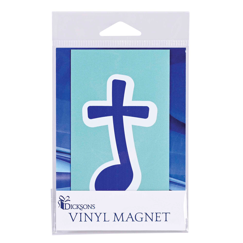 Vinyl music note magnet in blue tones on retail package card