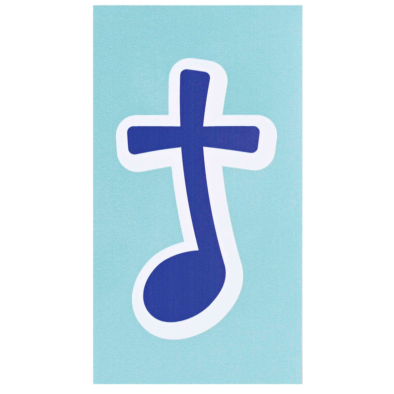 Blue music note vinyl magnet with white outline on light blue background