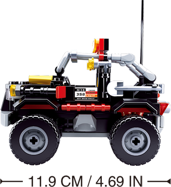 Black off-road brick truck with gray roll cage, red chassis, and yellow highlights