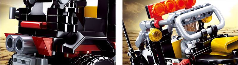 Brick kit close-up: black engine parts, red suspension details, and wheel sections