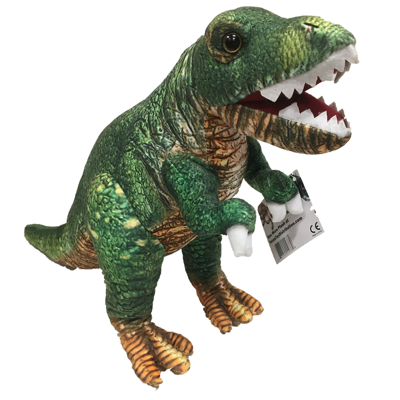 Green plush T-Rex dinosaur with open jaws and clawed feet, 17"