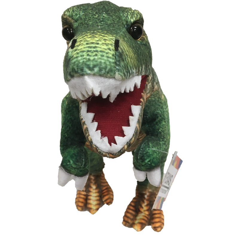 Green plush T-Rex dinosaur with red-lined open mouth and big black eyes, 17"