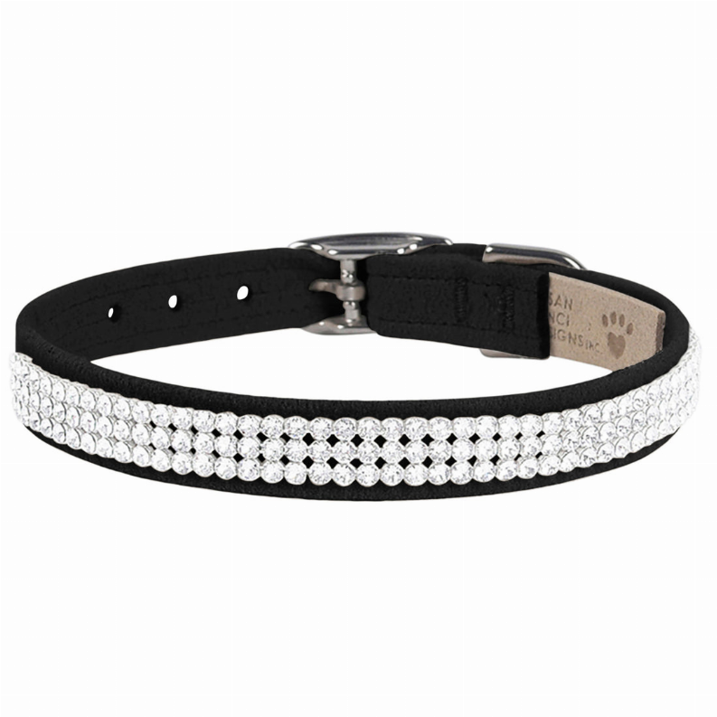 Black dog collar with rhinestone crystal 3-row band and silver buckle, rivet details