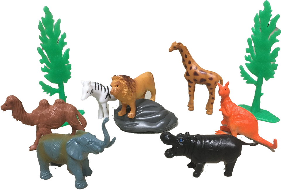 Mini zoo animal figurines with green cactus-like bases and sculpted detailing