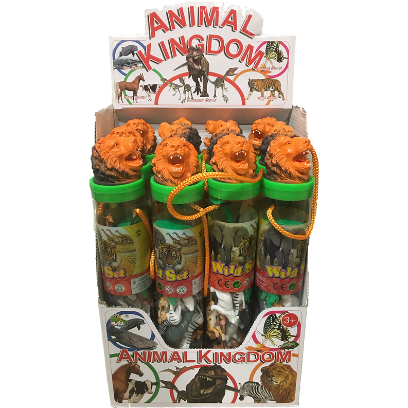 Assorted animal figurine tubes in retail box, clear containers with animal heads visible