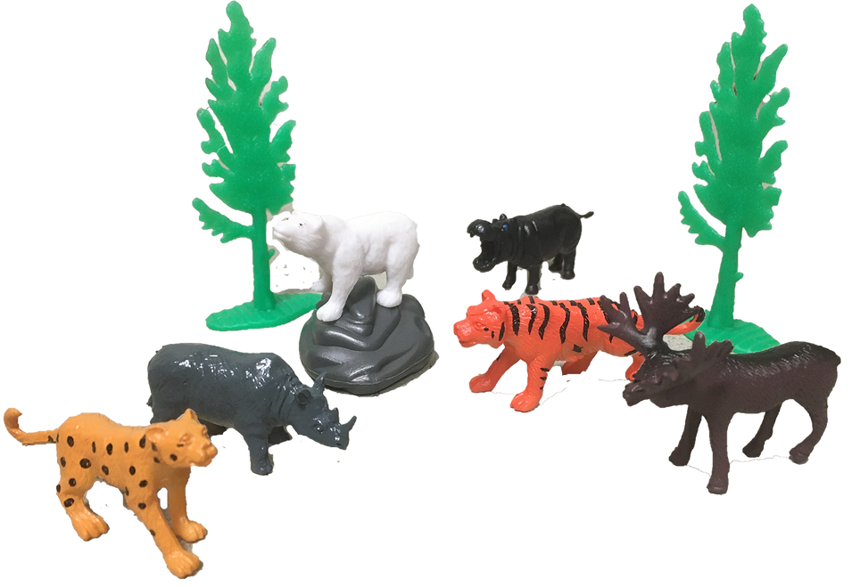 Assorted safari animal figurines on green cactus-like bases, five animals shown