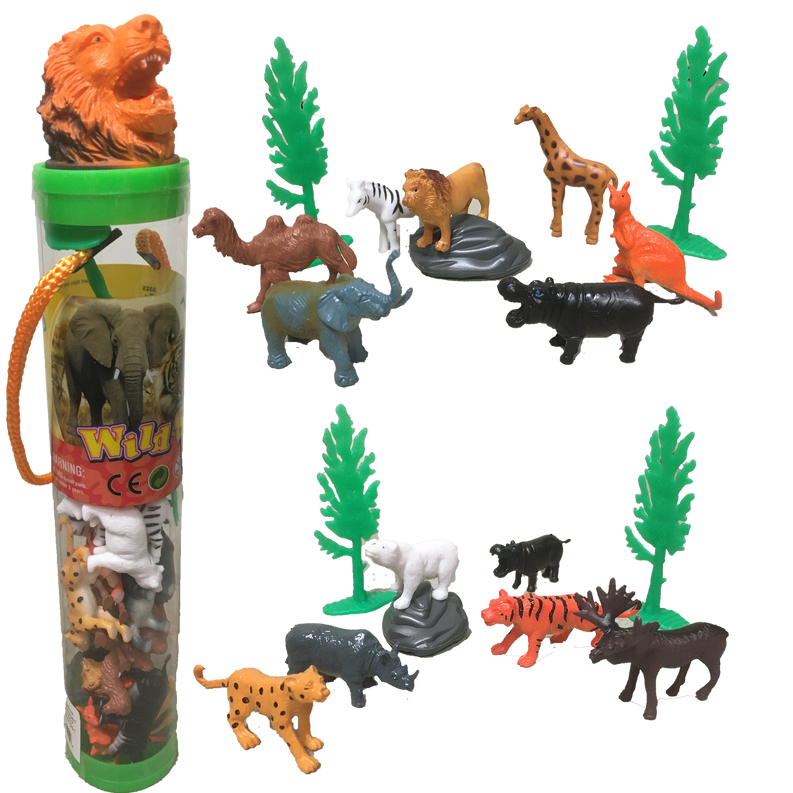 Clear animal figurine tube with lion head topper and seven standing safari animals