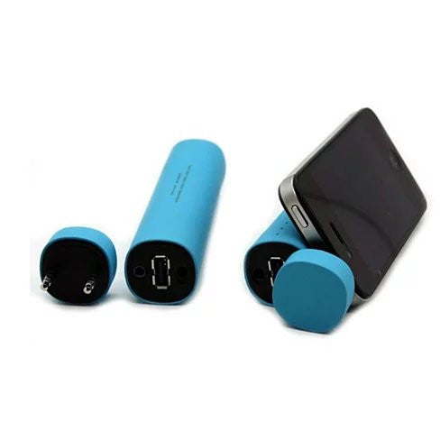 Two blue speaker power extenders with black phone mount, showing ports
