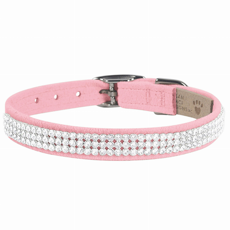 Pink fabric dog collar with three rows of silver crystals and metal buckle