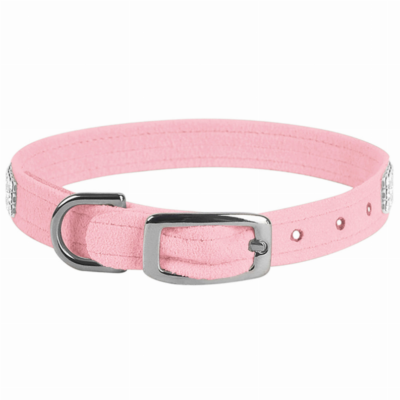 Pink fabric dog collar with silver crystal side trim and dark metal buckle