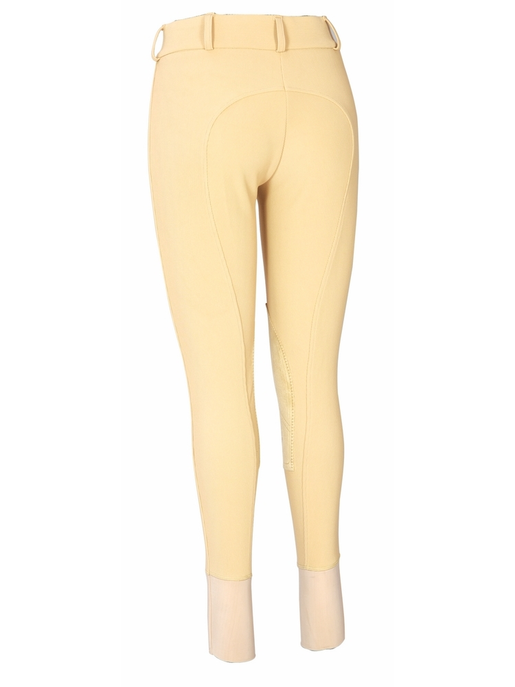 Light tan ladies lowrise knee patch breeches with ribbed waistband and wide belt loops