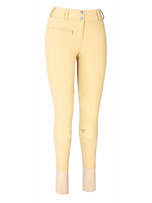 Light tan women’s lowrise breeches with front pocket, button closure, and knee patch