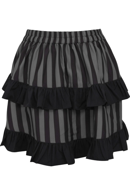 Black-and-gray striped tiered ruffle skirt with ruched waistband