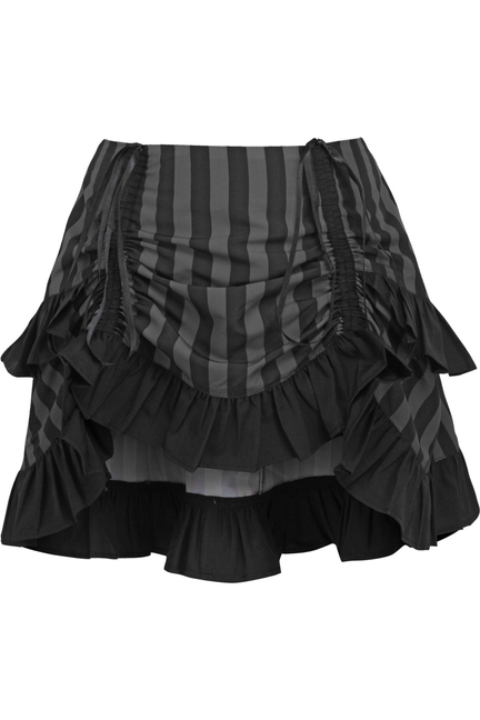 Black-and-gray striped ruffle skirt with ruched waist and layered flounce tiers
