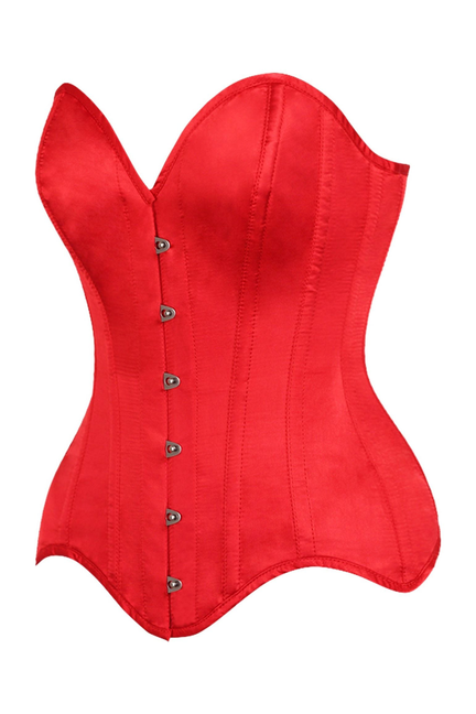 Red overbust corset with steel boning, curved panels and front metal fasteners