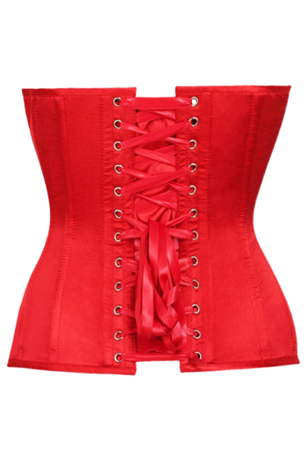 Red overbust corset back with lace-up eyelets and crisscross ribbon