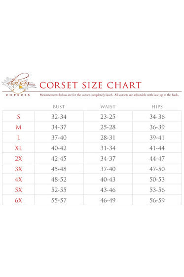 Corset size chart with bust, waist, and hip measurements by size S–6X