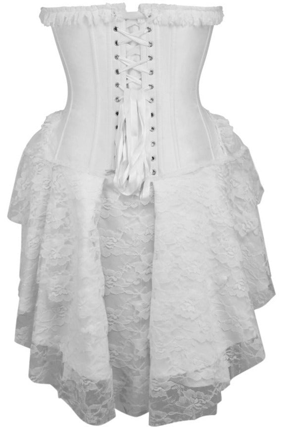 White lace corset dress with back eyelet lacing and tiered ruffle skirt