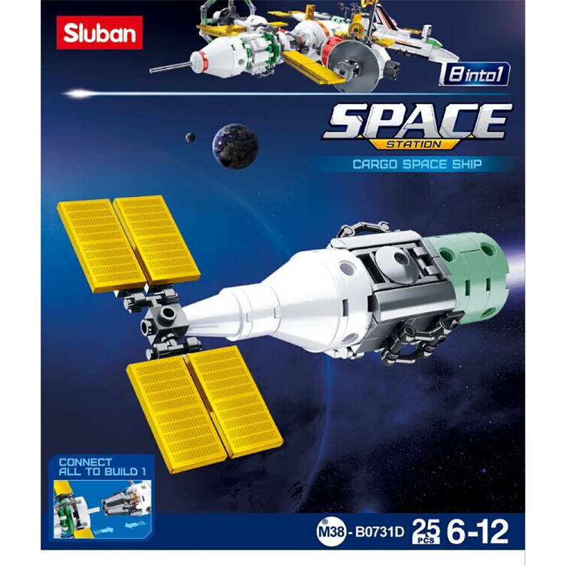 Space cargo ship brick kit box art with green-and-white model and yellow solar panels