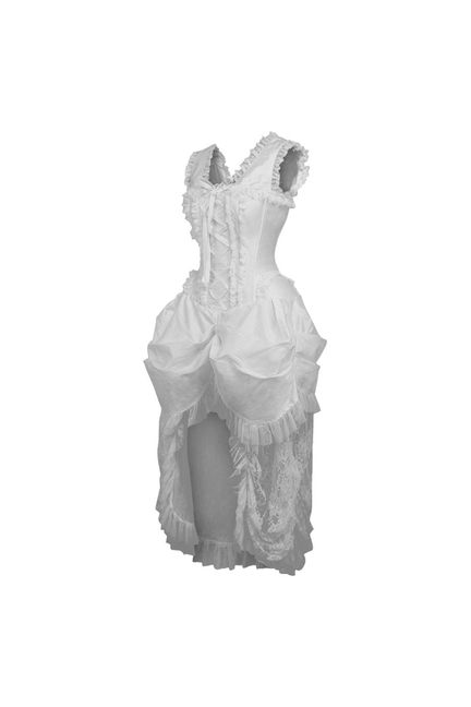 White Victorian corset dress with lace-up front, tiered ruffles, and lace-trim detailing