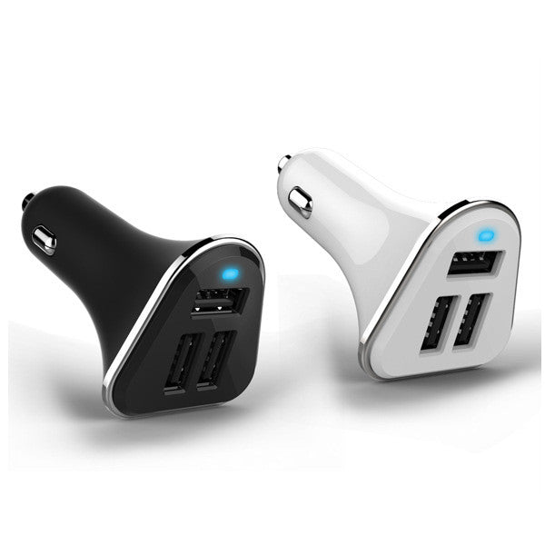 Triple USB car charger pair in black and white, showing 3 USB ports and blue light