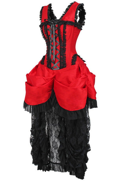 Victorian corset dress, red bodice with black ribbon lacing and peplum-style bustle skirt