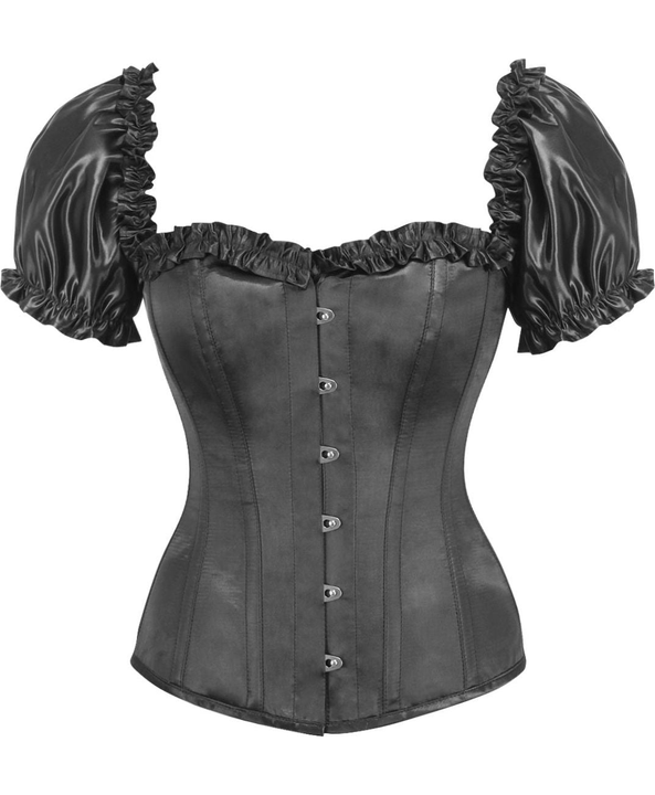 Black satin overbust corset with ruffled sleeves and buttoned front, cinched waist