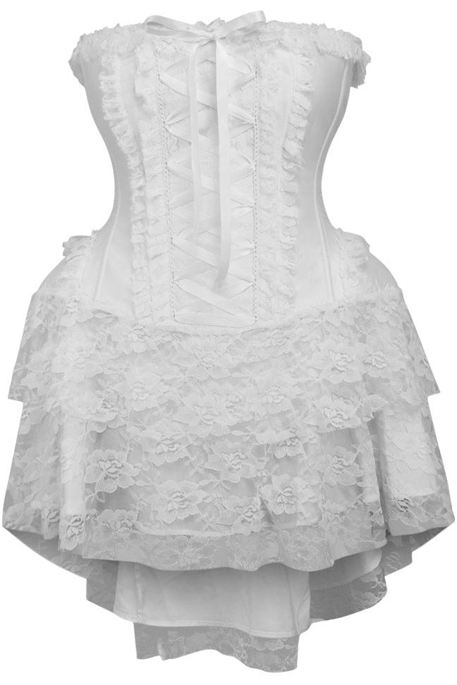 White lace corset dress with crisscross front lacing and layered ruffle skirt