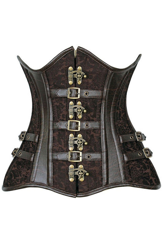 Dark brown underbust corset with brocade panels, steel boning, brass buckles