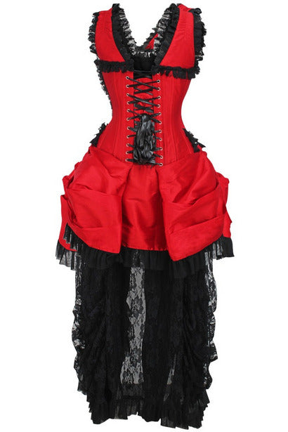 Red and black Victorian lace corset dress with ruffled neckline and lace-up front