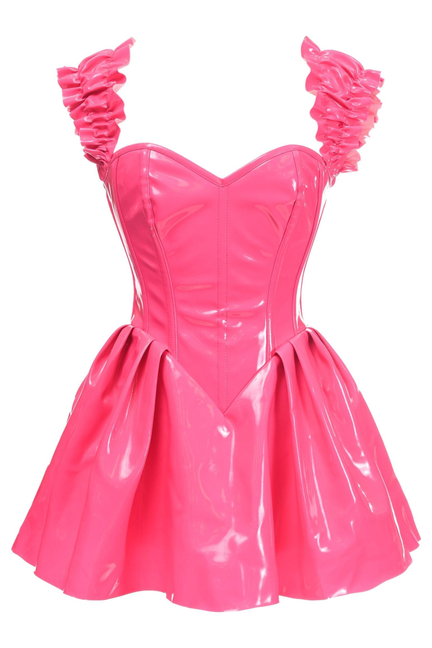Hot pink patent PVC corset dress with off-shoulder ruffles and flared skirt