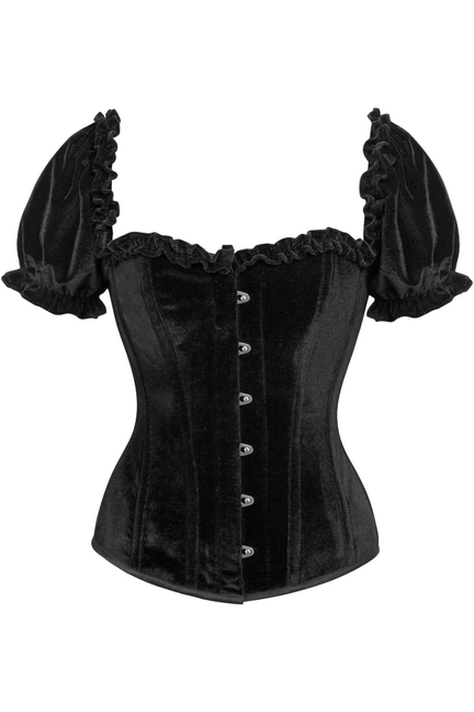 Black velvet overbust corset with puff sleeves and button front