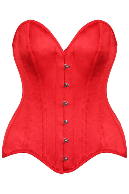 Red overbust corset with vertical seams and front busk closure
