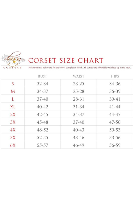 Corset size chart with bust, waist and hips measurements for sizes S–6X