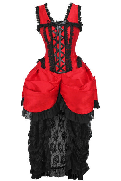 Red and black lace corset dress, lace-up front, layered bustle skirt.