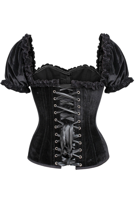 Black velvet overbust corset with puff sleeves and front lace-up panel