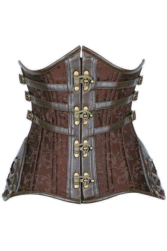 Brown under-bust corset with steel boning, side buckles, and gold front trim