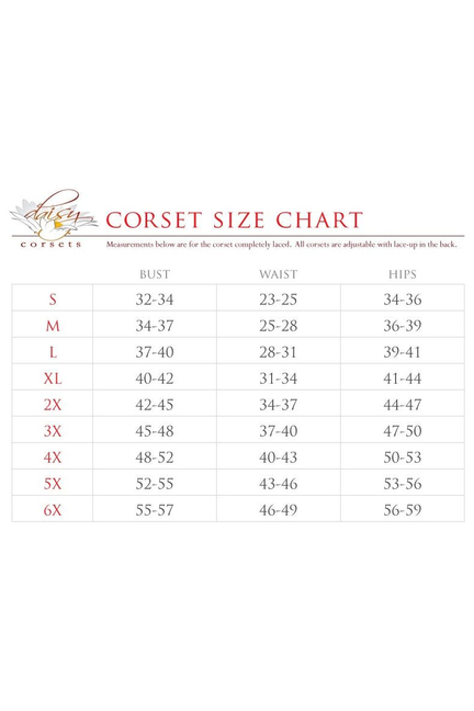 Corset size chart with bust, waist and hips measurements (S–6X)