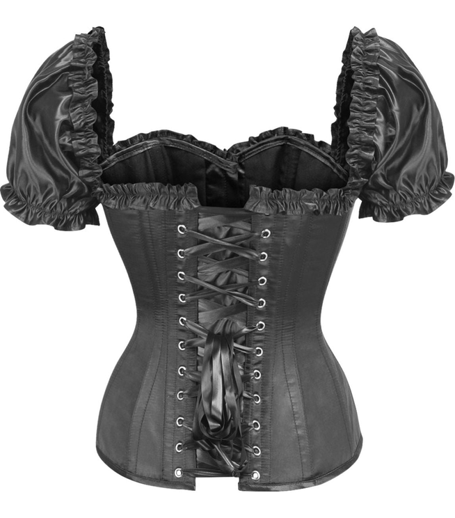 Black satin overbust corset with puff sleeves, ruched neckline, lace-up front panel