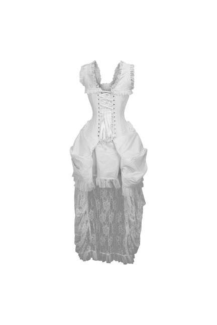 White lace-up Victorian corset dress with puffed panels and tiered hem