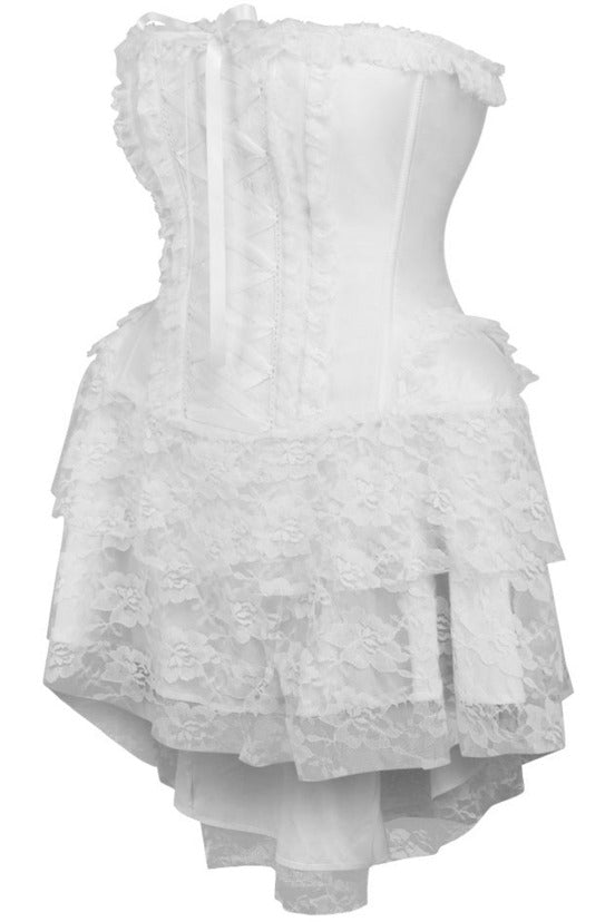 White strapless lace corset dress with off-shoulder ruffle trim and layered skirt