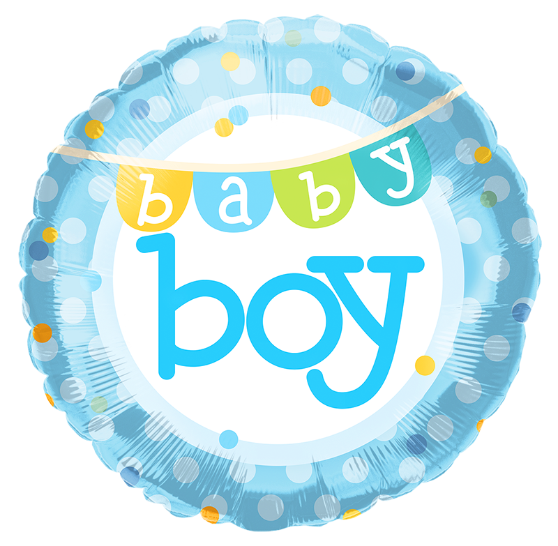 Round blue mylar balloon with polka dots and colorful letters "baby boy"