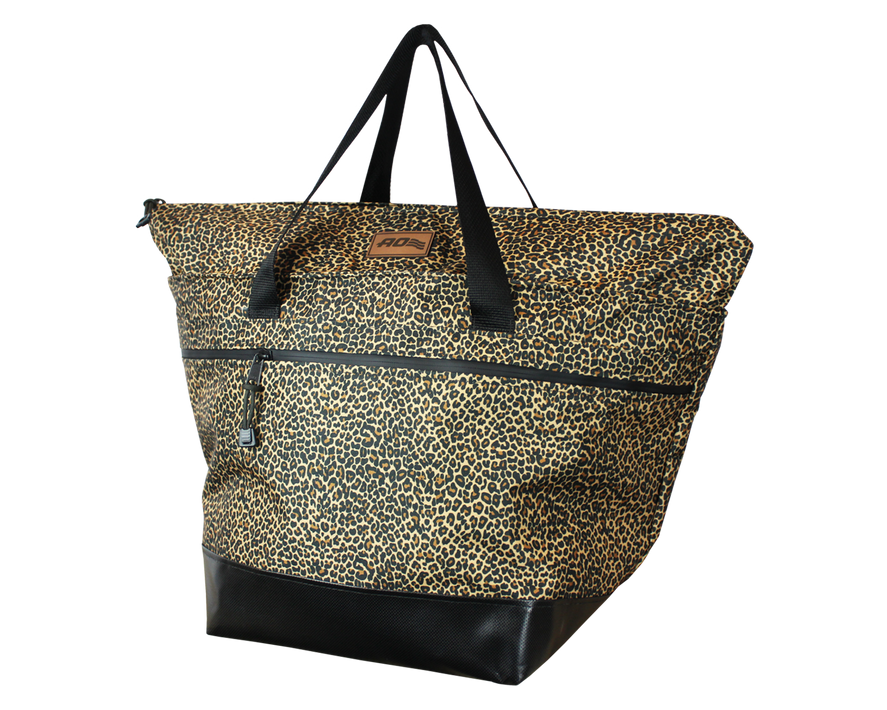 Leopard-print tote bag with black handles and bottom trim