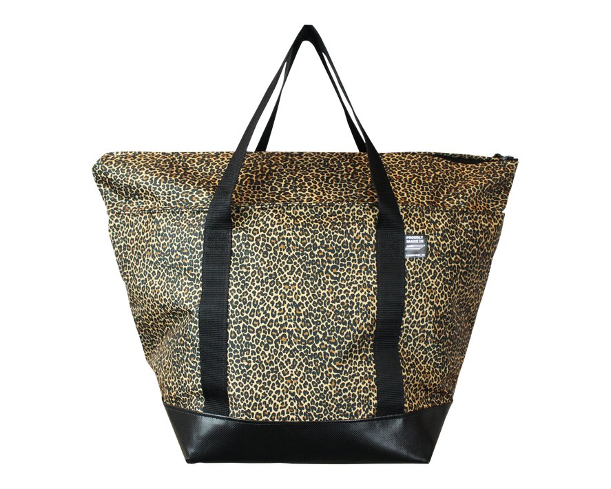 Leopard-print tote bag with black side panels and wide open top