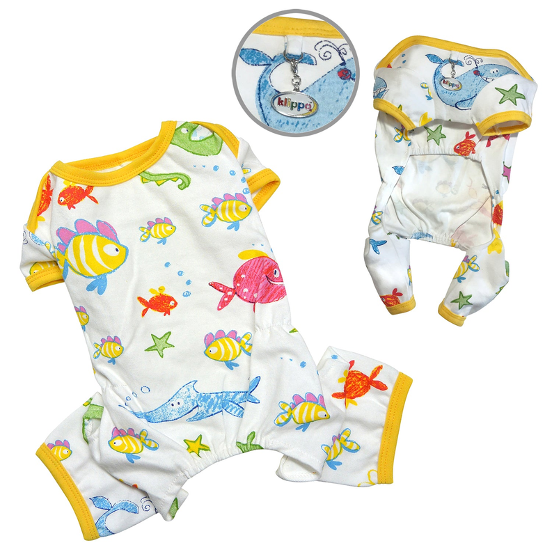 White knit cotton pajama set with colorful ocean pals and yellow trim
